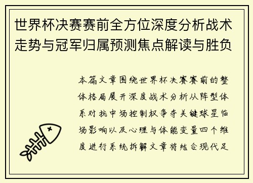世界杯决赛赛前全方位深度分析战术走势与冠军归属预测焦点解读与胜负关键因素